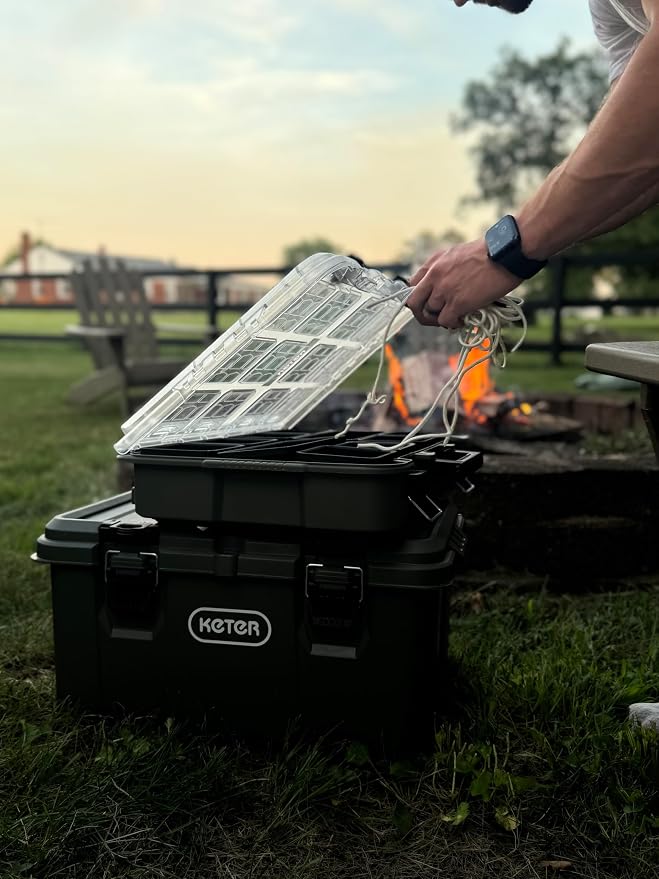 Keter Stack-N-Roll Outdoor Gear Organizer, 3-Piece Rolling Storage System | For Camping, Fishing Tackle, Hunting Equipment & RV Accessories, Modular Waterproof Tool Box with Wheels