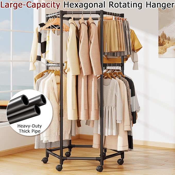 360° Rotating Hexagonal Clothes Hanger With Wheels, Space-Saving Freestanding Floor With Double Layer Hanging Bars, Multi-Compartment Floor-Standing Clothes Rack (Upgrade-Black)