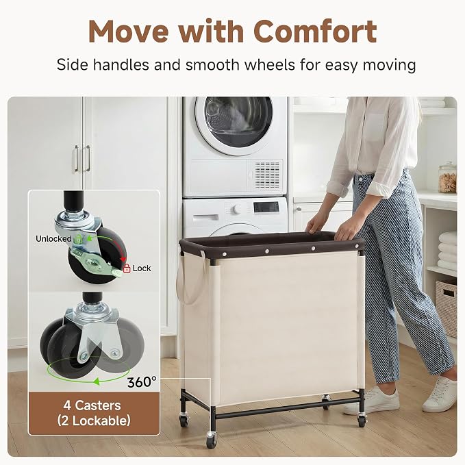 StorageWorks 3 Section Laundry Hamper, 120L Beige Sorter Cart with Wheels