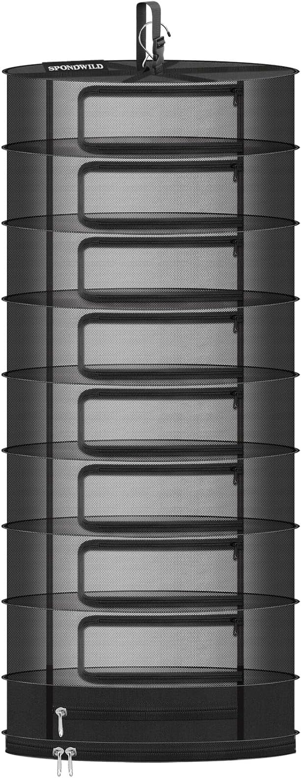 Herb Drying Rack Hanging Mesh, 2ft Diameter 9 Layer Plant Drying Rack with Door Type Zipper & Closed Storage Compartment for Folding Basket Dryer Fiting in Grow Tents, Garden Outdoor