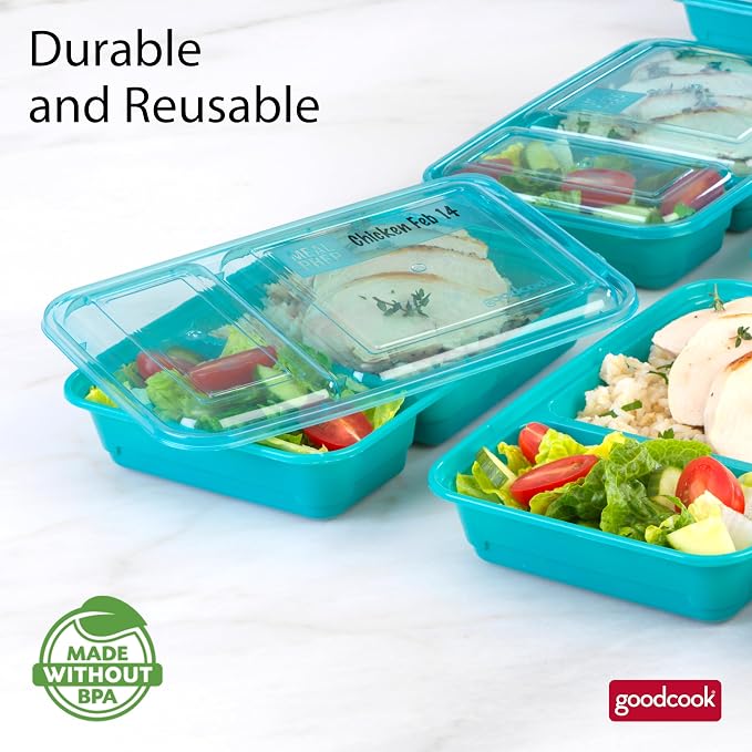 GoodCook Meal Prep Rectangle Two Compartment 20-Piece, Teal, Made without BPA