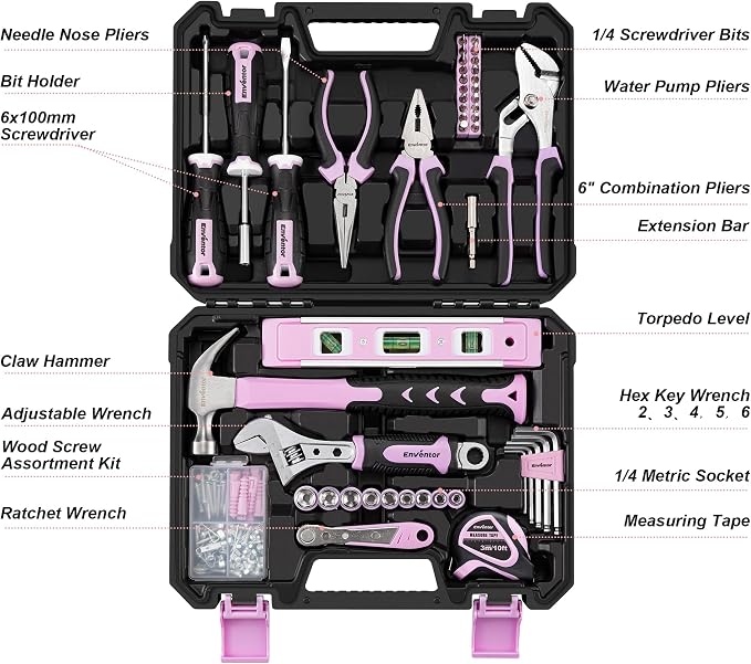 Enventor Tool Set with Fitted Storage Case, 146 Pieces, Pink | Chrome-plated Steel Tools, Non-slip Rubber Handles, for Home Repairs, DIY Projects and Appliance Maintenance