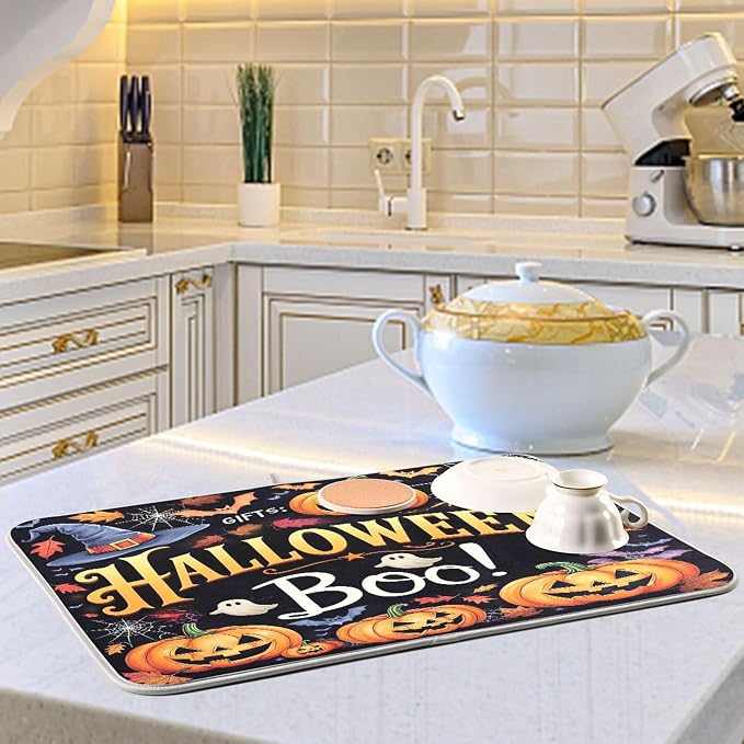 Halloween Ghosts Boo Dish Drying Mat for Kitchen Countertop 18x24 Witch Pumpkin Lantern Bat Large Drying Mat Reusable Quick Dry Dish Sink Mats Easy Clean Decorative Essentials