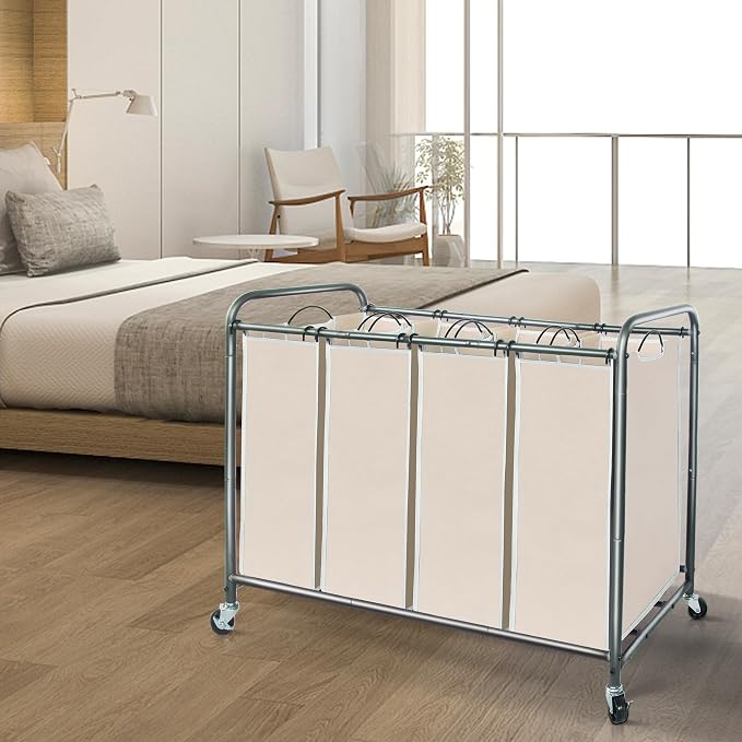 STORAGE MANIAC Laundry Sorter 4 Section, 47.5 Gal (180 L) Laundry Hamper with Wheels, Clothes Divider Basket Sorter, Separator Hamper Cart with Removable Bags, Beige