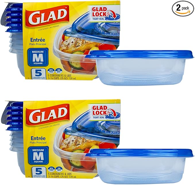 Glad GladWare Entree Food Storage Containers with Lids, Medium Square BPA Free Plastic for Meal Prep and Lunches, Lock Tight Seal, Microwave and Dishwasher Safe, 25 Oz, 5 Count - 2 Pack