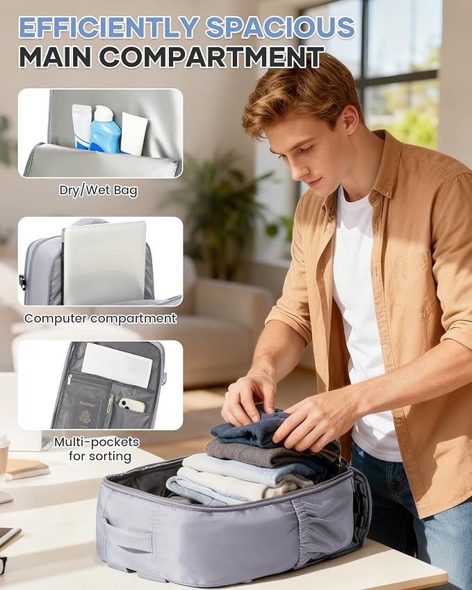 WONHOX Large Travel Backpack Women, Carry On Backpack,Hiking Backpack Waterproof Outdoor Sports Rucksack Casual Daypack with USB Charging Port Shoes Compartment, Grey