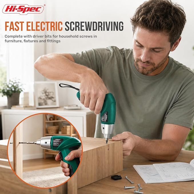 Hi-Spec 4V USB Electric Screwdriver Tool Kit for Home Repairs, Green | 42pc, fast assembly help, common screw bit selection, LED visibility, compact grip, quick household fixes, organized storage