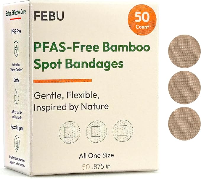 FEBU PFAS Free Bamboo Fabric Bandages, 50 Count Spot | Eco-Friendly, Flexible Fabric, Fully Compostable, Latex Free