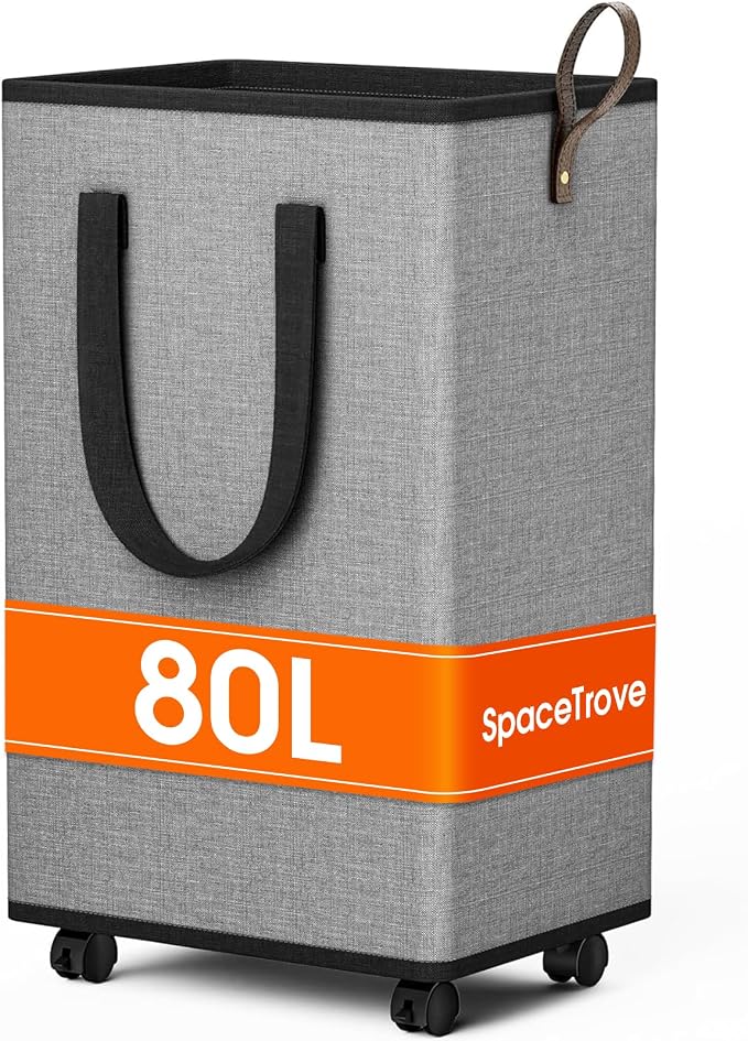 SpaceTrove Rolling Laundry Basket with Wheels, Laundry Hamper, 80L, Grey | Collapsible, 4 detachable wheels including 2 with brakes, sturdy handle, metal frame, for dorms, bathrooms and bedrooms