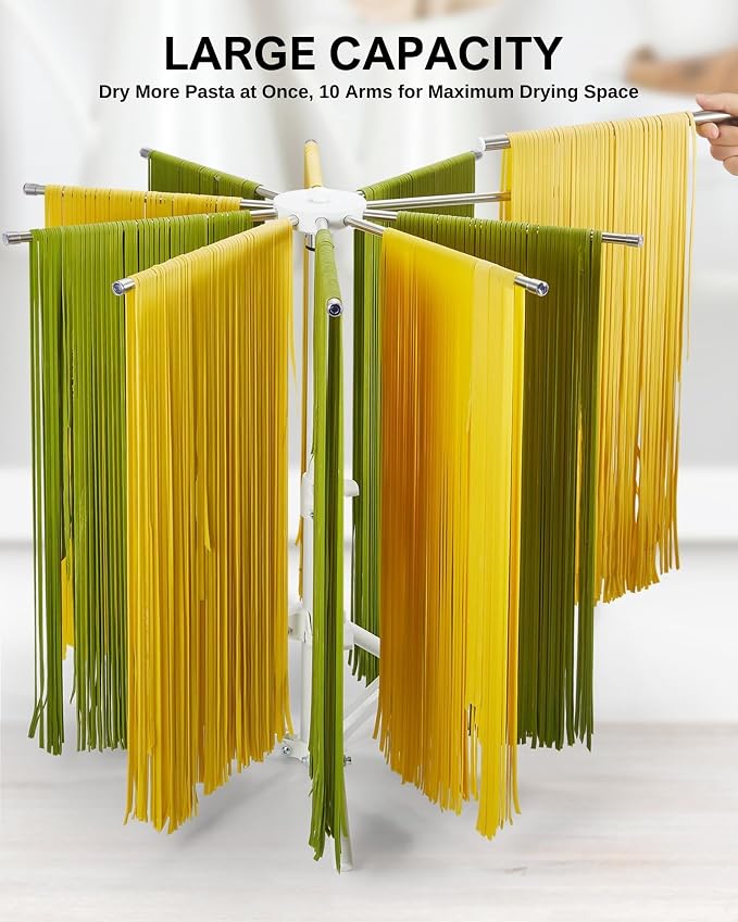 Pasta Drying Rack Collapsible, Large Noodle Dryer Foldable | 360° Rotating, Adjustable Height(14.5"-23.6"), 304 Stainless Steels Arm with Ravioli Wheel for Fresh Pasta Spaghetti