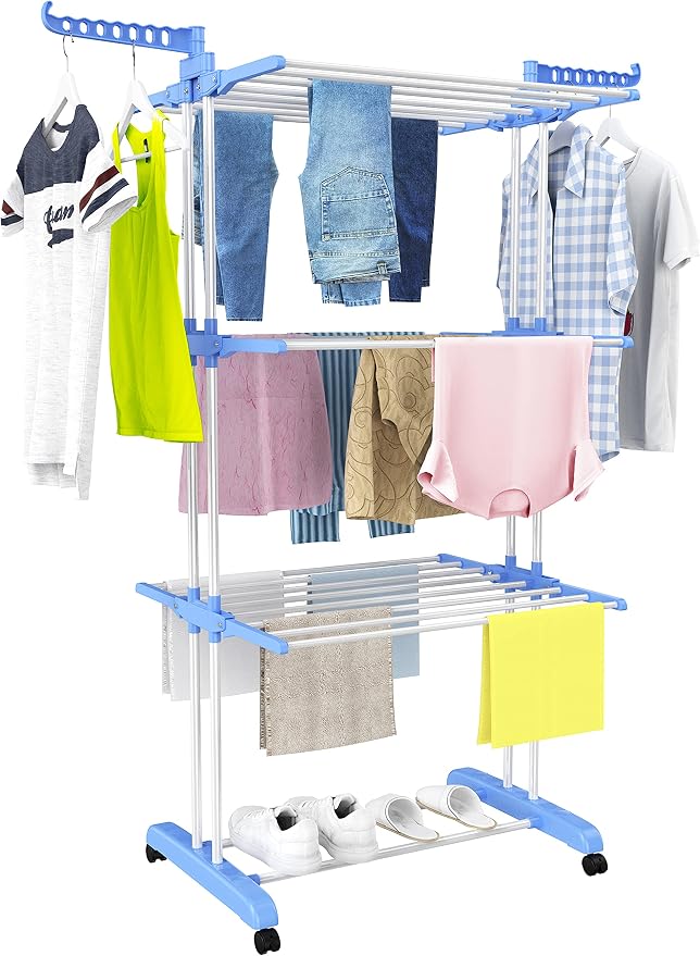 HOMIDEC Clothes Drying Rack, 4-Tier(67.7" H) Foldable Drying Rack Clothing | Foldable Stainless Steel Drying Rack, Movable Laundry Drying Rack with 4 Castors and 14 Hooks for Bed Linen, Clothing, Blue