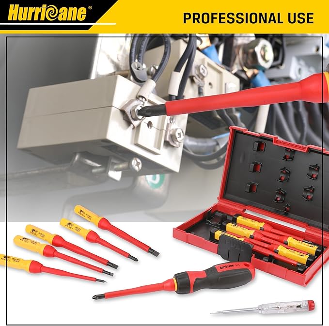 HURRICANE 13 Piece 1000V Insulated Electrician Screwdriver Set, Cr-V Magnetic Tip. 4 slotted, 2 Phillips, 2 Pozidriv, 3 Torx, 1 Electroprobe, and 1 handle. Ideal for Professional & Home Repair