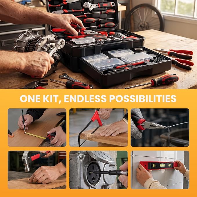 NEWBULIG 330-Piece Complete Tool Box Set, Durable Homeowners Tool Kit with Pull-Out Drawer, Versatile Home Repair Kit for Auto & Household, DIY Projects, Black-Red