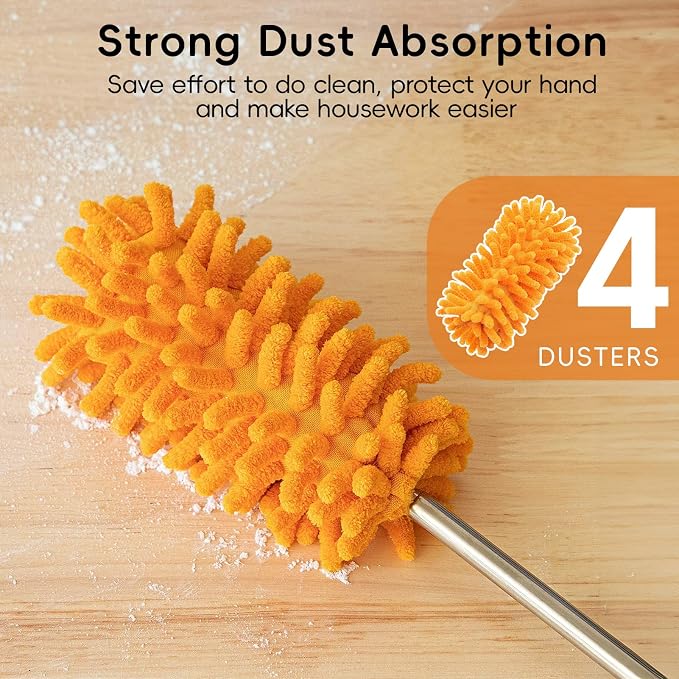 Duster for Cleaning, 10-29" Extension Pole, 4 Washable Heads, Yellow | Microfiber Heads, Wet Or Dry, Detachable, Hand Washable, Easy Storage, For Cars, Offices, Windows, Furniture And Ceiling Fans