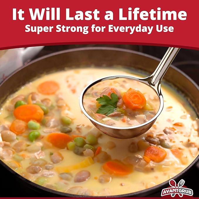 Super Sturdy, Ergonomic 2 Oz. Soup Ladle 5 Pk. Stainless Steel Ladles with Long Handles. Best Kitchen Accessories for Stirring, Portioning and Serving Soups, Chili and Stew in Restaurants and at Home
