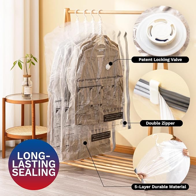 Hanging Vacuum Storage Bags For Clothes with Electric Pump, 6 Pack Large Hanging Space Saver Bags, Vacuum Sealed for Clothing Travel Suits Dress Jackets for Moving Supplies(6 Long)