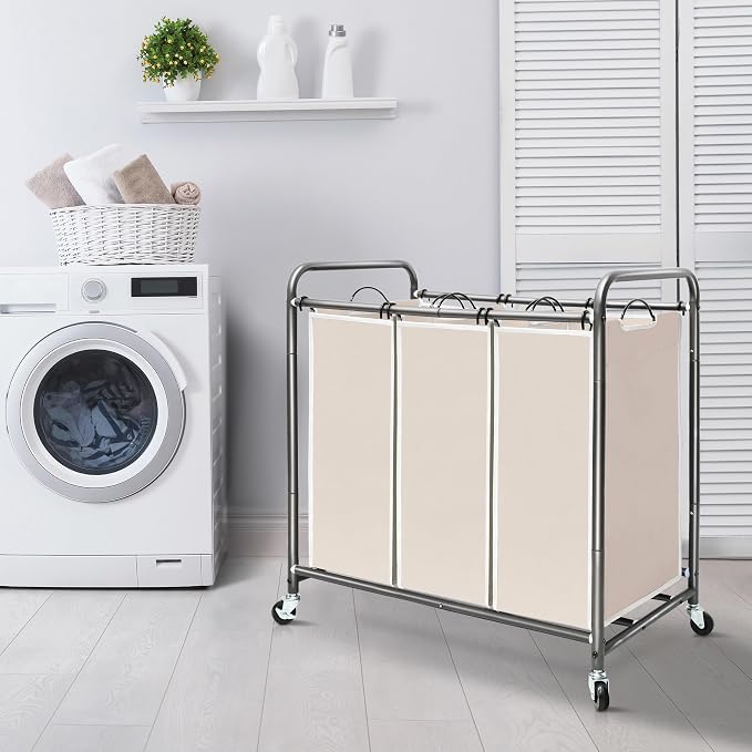 STORAGE MANIAC 3 Section Laundry Sorter, 35.6 Gal (135 L) Laundry Hamper Cart with Heavy Duty Rolling Lockable Wheels and Removable Bags, Clothes Organizer Basket Separator Hamper, Beige
