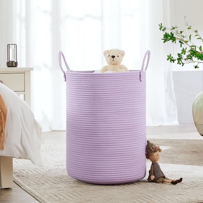 80L Large Purple Hamper Laundry Basket for Girls Kids Lavender | Tall Woven Blanket Basket for Nursery Cotton Rope Lilac Clothes Hamper in Bedroom 16Dx22H inches