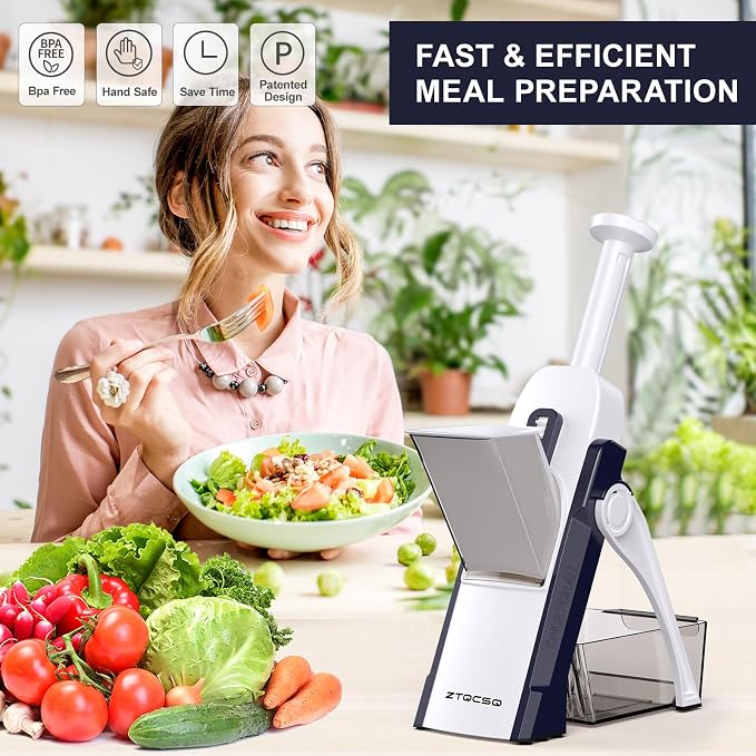 5 in 1 Adjustable Safe Mandoline Slicer for Kitchen with Paring Knife | Safe Mandoline Slicer for Kitchen, Easy to Clean/Storage, Potato Slicing, Strips, Shredding, Dicing, Chop, Cleaning brush