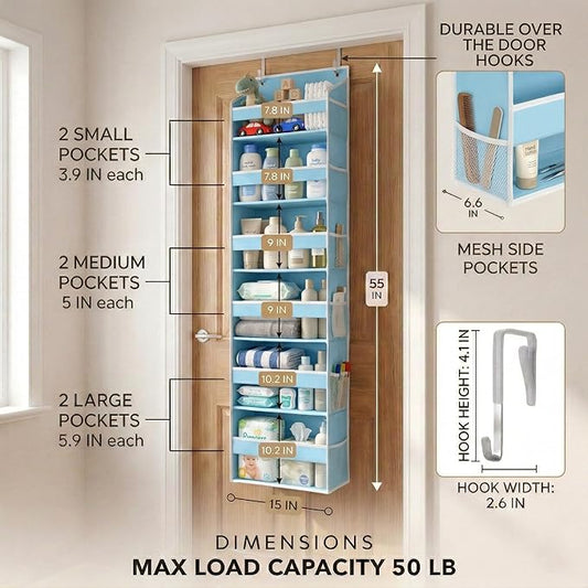 HOMELUX THEORY UPGRADED 6 Tiers Over The Door Organizer Hanging - 100D EXTRA THICK & 50lbs HUGE CAPACITY, 12 Side Mesh Pockets Over The Door Shoe Organizer, Hanging Closet Organizer (Baby Blue, 1pc)