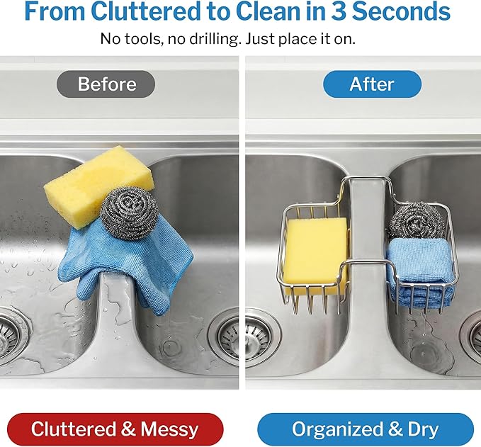 2 Pack Stainless Steel Sponge Holder for Kitchen Sink, Double Kitchen Sink Caddy Saddle for Sponge, Scrubber & Dish Cloth, Rustproof Hanging Organizer for Double Basin, Top Width 1.93"