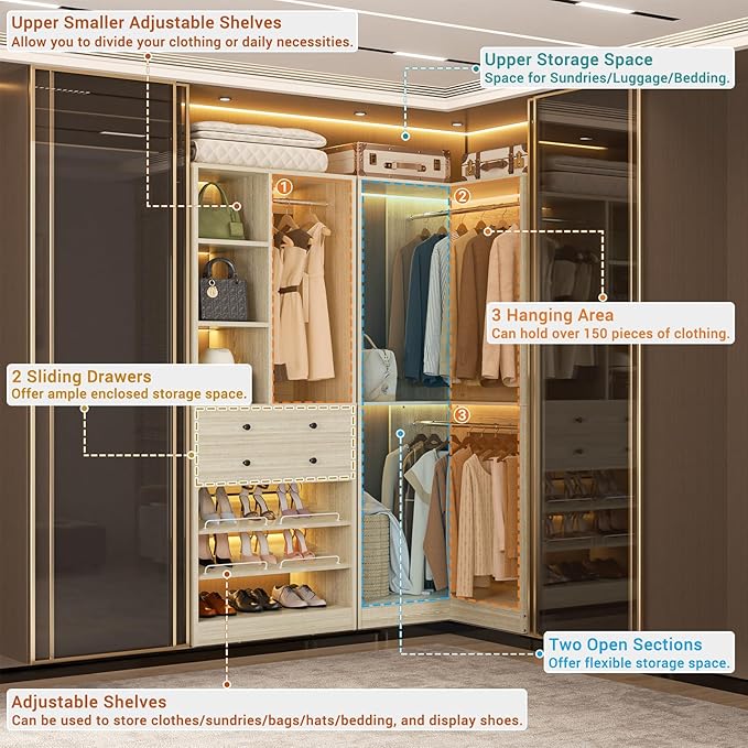 Besiost Closet System with 2 Drawers, 3 Hanging Rods, 59.5" * 31.5" Closet Organizer System with Corner Tower, Reversible L Shaped Walk-in Closet System, Corner Closet System Set of 2, Greige Oak