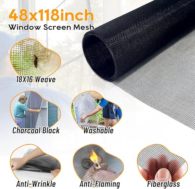 King&Charles Window Screen Door Mesh,48”x118” Black for Window&Door Replace | Screen Repair Kit,Fiberglass-Durable & Visibility & Cuttable & Washble, Easy to Install/DIY for Patio & RV