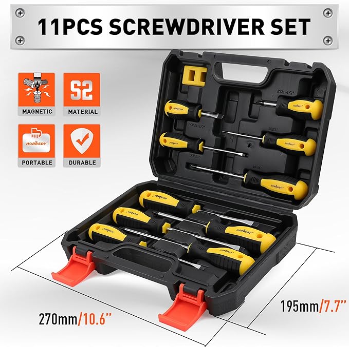 HORUSDY 11-piece Magnetic Screwdriver Set with Case, 5 Phillips & 5 Flat Head Tips with Magnetizer demagnetizer Precision Screwdriver Set