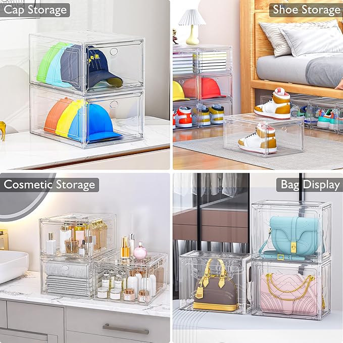 7 code Large Clear Shoe Boxes Organizer【Thicker Material】 Stronger Shoe Box with Magnetic Door, Stackable Shoe Storage Box for Closet, Foldable Space-Saving Storage Bins Shoe Cabinet, White 9 Pack | Foldable Shoe Storage Boxes for Sneakers & Boots, Spa...