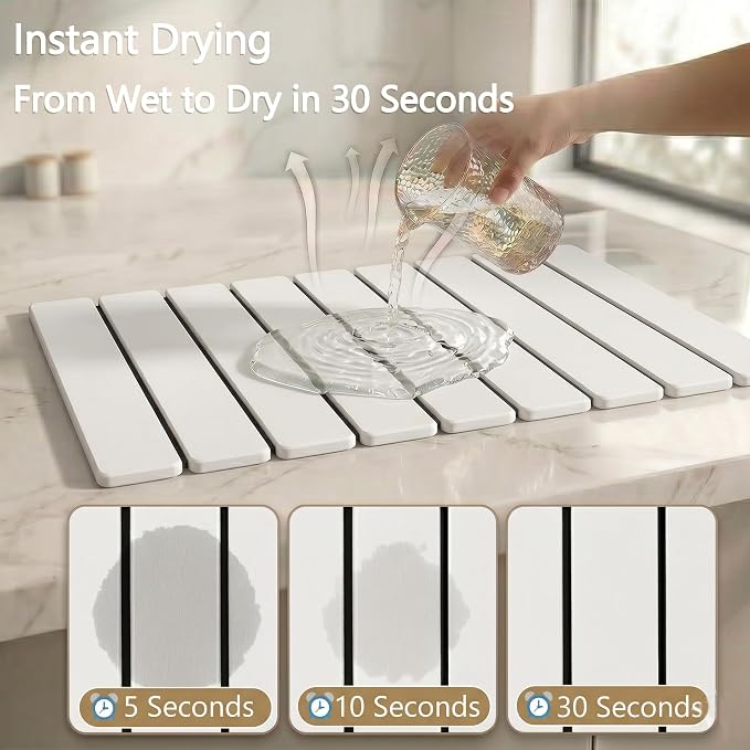 Large Stone Drying Mat for Kitchen Counter, Quick Dry stone drying mat, Foldable Water Absorbing diatomaceous earth dish drying mat for Plate Rack Bottles Utensils(White 24"×16" & 4" Coaster)