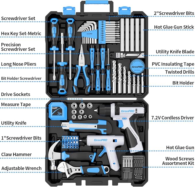 GRENPRO 188PC Blue Cordless Drill Tool Set for Wo&Men Tool Kit for Home Box | All-In-One Basic Household Tool Box, Glue Gun Accessories DIY, CR-V Steel, Sturdy Storage Case Auto Repair Kit For Men