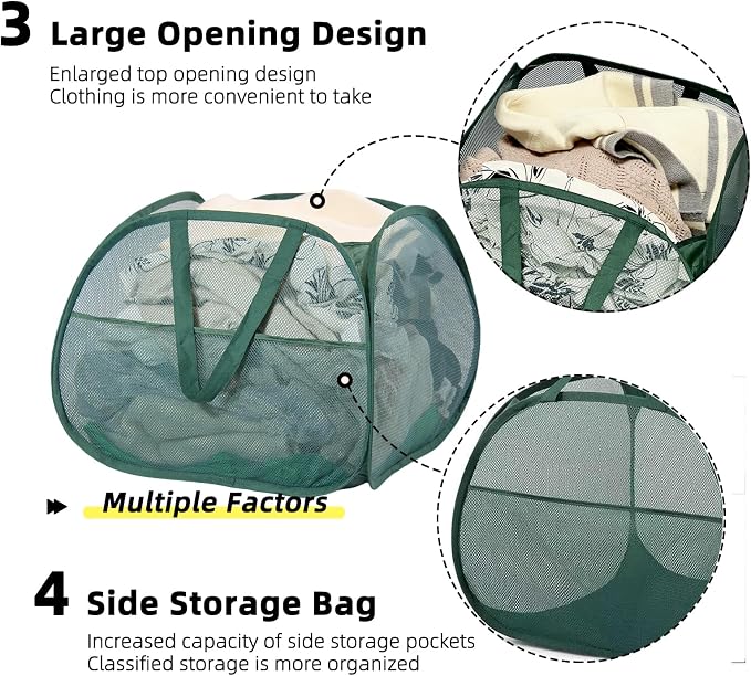 Collapsible Laundry Basket, 90L Mesh Pop-up Hamper with Handles | Foldable Storage Clothes Bag for Laundry, Bathroom, Dorm, Travel, Camping, Space-saving, Green