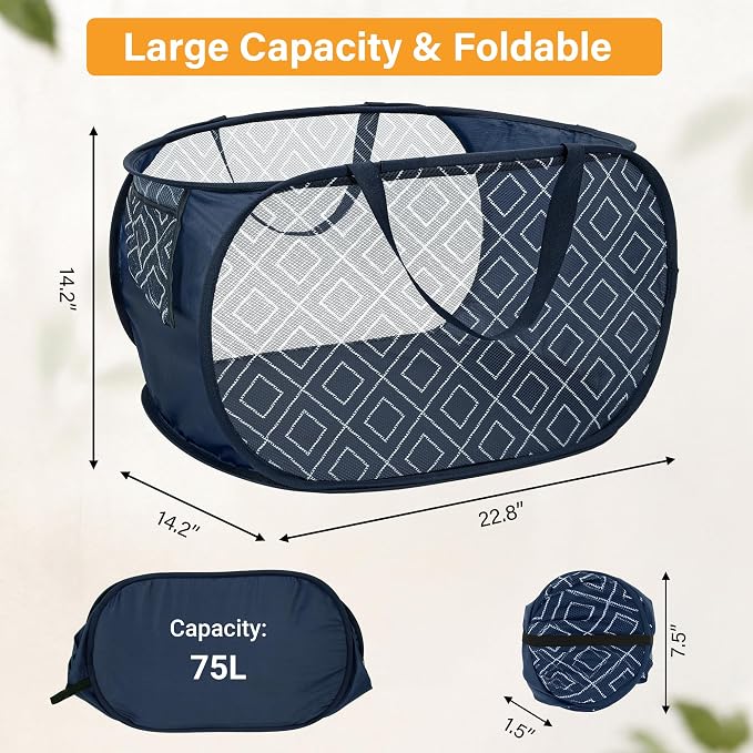 Collapsible Laundry Baskets with Side Pocket, Sturdy Pop Up Foldable Laundry Hamper with Reinforced Handles, Easy to Carry Clothes Hamper for Bathroom, Bedroom, Dorm, Travel -Prism Print, Navy Blue