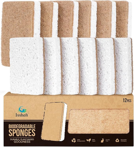 Isshah Plant-Based Kitchen Sponges - FSC Certified and PETA Approved, Natural, Eco-Friendly, Biodegradable Sisal Hemp Sponges for Dishes, Cleaning Sponge for Kitchen, Bathroom, Household - 12 Count