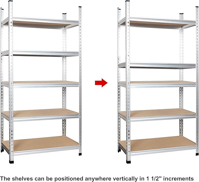 Amazon Basics 5-Tier Medium Duty Storage Shelving, Garage Storage Rack, Double Post Press Board Shelf, Adjustable, Easy Assembly, Space-Saving, Aluminum, 48" x 18" x 72"