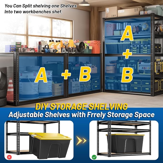ROOMFAVE 72" H Storage Shelves 5 Tier Garage Shelving Heavy Duty,2050LBS Adjustable Metal Shelving Unit, Garage Shelves for Basement, Warehouse, Pantry, Closet, 72" H x 35.5" W x 16" D, Black,2PCS