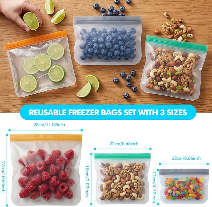 20 Pack Reusable Freezer Bags Silicone Dishwasher Safe, Leakproof Reusable Food Storage Bags BPA Free Healthy Food Storage Contaizers, Snack Sandwich Gallon Baggies for Meal Prep Lunch Travel Green