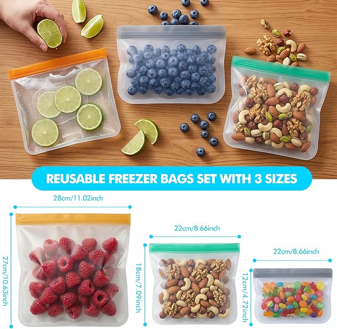 10 Pack Reusable Silicone Food Storage Bags, Reusable Freezer Bags, Leakproof Snack Sandwich Gallon Bags BPA Free Contaizers, Freezer Bag for Meal Prep, Marinate Meat, Salad Fruit, Veggies, Lunch Blue