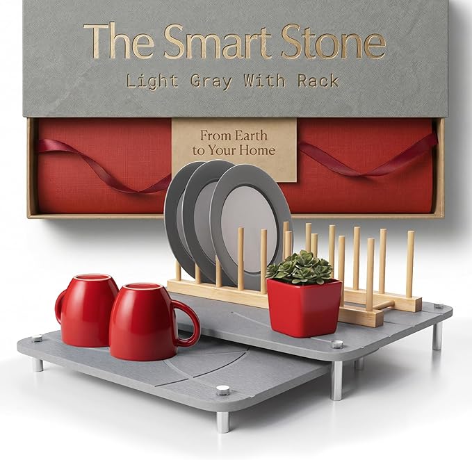 Nested Dish Drying Stone Mat with Bamboo Rack | Large 16"x12" Dish Drying Mat plus 13"x12" Diatomaceous Earth Stone Mat | Expands to 29” x 12” | Premium Stone Mat for Kitchen Counter (Light Gray)