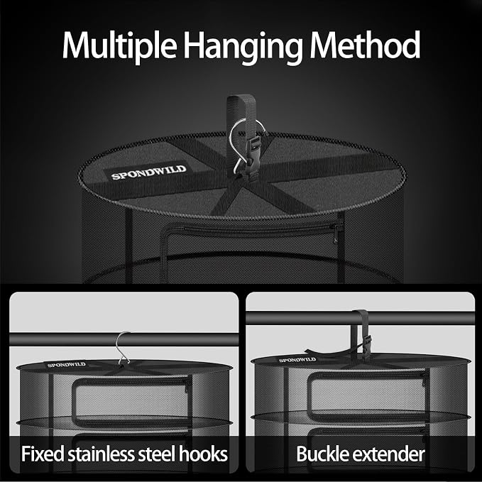 Herb Drying Hanging Mesh Rack - 1ft Diameter (D12xH21 inch) 3 Layer, Foldable Plant Drying Net with U-Shaped Zipper & Storage Pouch for Herbs, Plants, Flowers, Fruits, Food