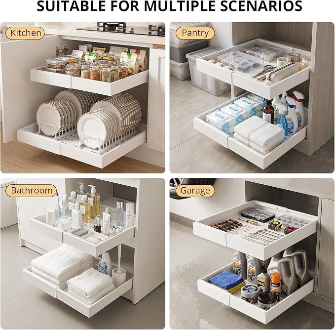 DOMNIU 4 Pack Pull Out Cabinet Organizers Expandable Width (12.4''-20.27''), Upgrade 3 Slide Rails Sliding Drawer for Kitchen Cabinet Organizer with Adhesive Nano Film, White