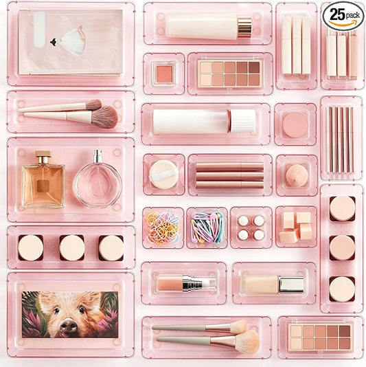Vtopmart 25 Pack Plastic Drawer Organizers with Non-slip Rubber Pads | 4-Size Versatile Makeup Organizer, Storage Containers Small Bins for Makeup, Jewelries, Bedroom, Kitchen Utensils and Office