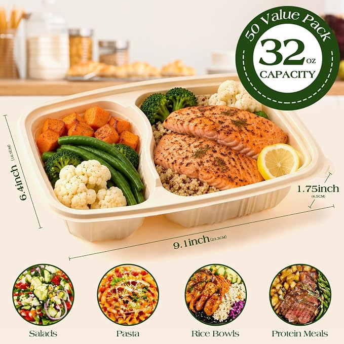 100 Piece (50 Pack) Meal Prep Containers Reusable - 2 Compartment 32 oz Cornstarch Snack Containers with Lids - Plastic Food Storage Salad Containers - To Go Lunch Box - Microwave & Freezer Safe