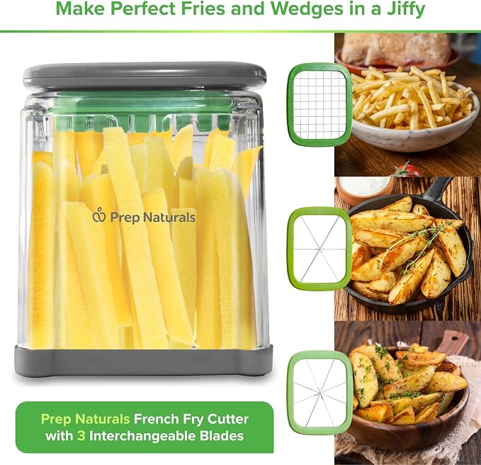 Prep Naturals 3-in-1 Manual French Fry Cutter - Interchangeable Blades for Potato Cutter & Fry Slicer - Functions as Potato Dicer & Food Dicer - Includes Safety Glove - Medium, Gray