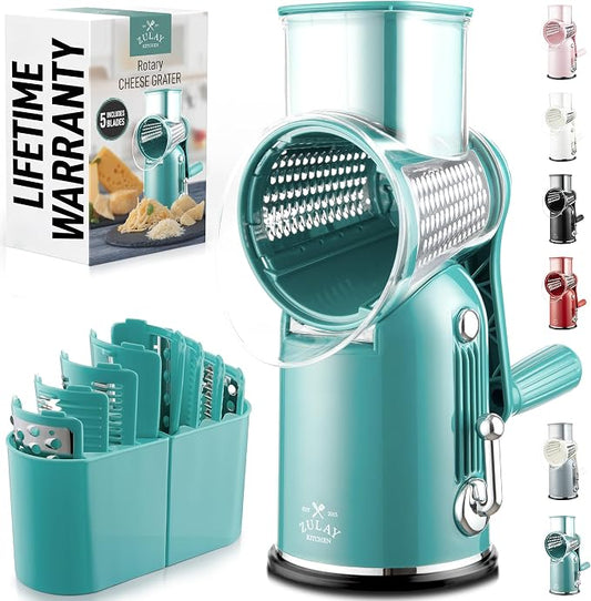 Zulay Kitchen Rotary Cheese Grater 5 Blade Cheese Shredder - Manual Hand Crank Cheese Grater With Reinforced Suction & 5 Interchangeable Drums - Easy to Use, Vegetable Chopper Round Mandoline Slicer