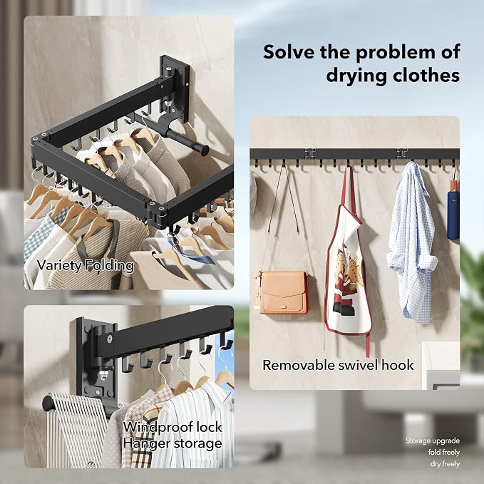 BOQORAD Drying Rack Clothing, Retractable Clothes Drying Rack,Wall Mounted Laundry Rack, Laundry Drying Rack Wall Mount,Collapsible Clothes Rack,can Fold Upward & Left & Right,Black Color