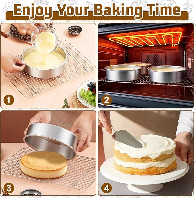 E-far 7 Inch Cake Pan Set of 3, Stainless Steel Round Baking Pans Tins for Layer Birthday Wedding Cakes, Dishwasher & Oven Safe, Healthy & Non-toxic, Leak Proof & Mirror Polished