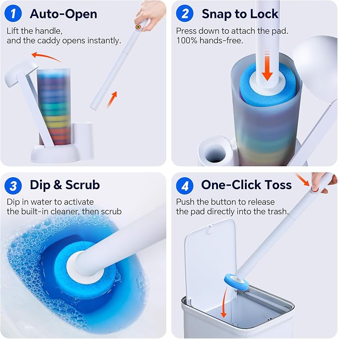 Disposable Toilet Brush and Holder Set - Hands-Free Eject Sponge Toilet Wand with Floor Standing Caddy, Secure-Lock Hangable Toilet Scrubber (2 Toilet Brush + 28 Refills)