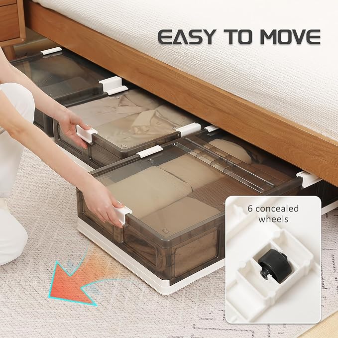 Under Bed Storage Containers with Wheels - Stackable, Foldable Plastic Storage Boxes with Lids for Clothes, Shoes, Blankets - Perfect for Bedroom Organization and Dorms (2 Pack-25.2''x16.5''x7.1'')