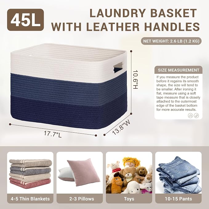 45L Small Woven Laundry Basket Hamper with Handles, Gradient Blue | collapsible wicker hamper, storage for dirty clothes, toys, blankets, gifts, living room, bedroom, bathroom, 18"x14"x11"